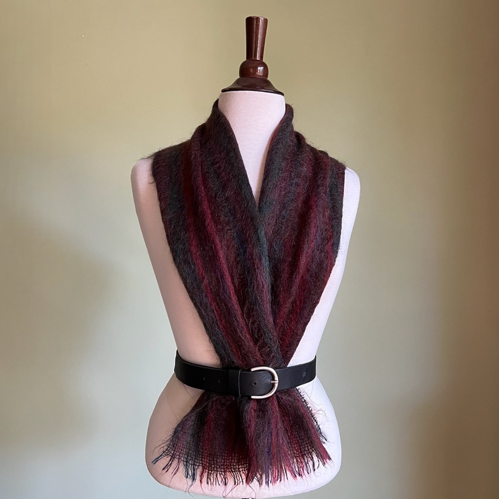 Mohair Knit Scarf, Vintage Striped Winter Shawl Scarf, Soft Wool, Plum Burgundy - Picture 1 of 8